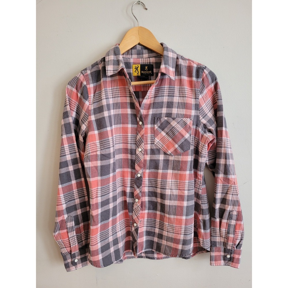 Browning Women's Plaid Light Flannel Pearl Snap Long Sleeve Shirt Pink Medium